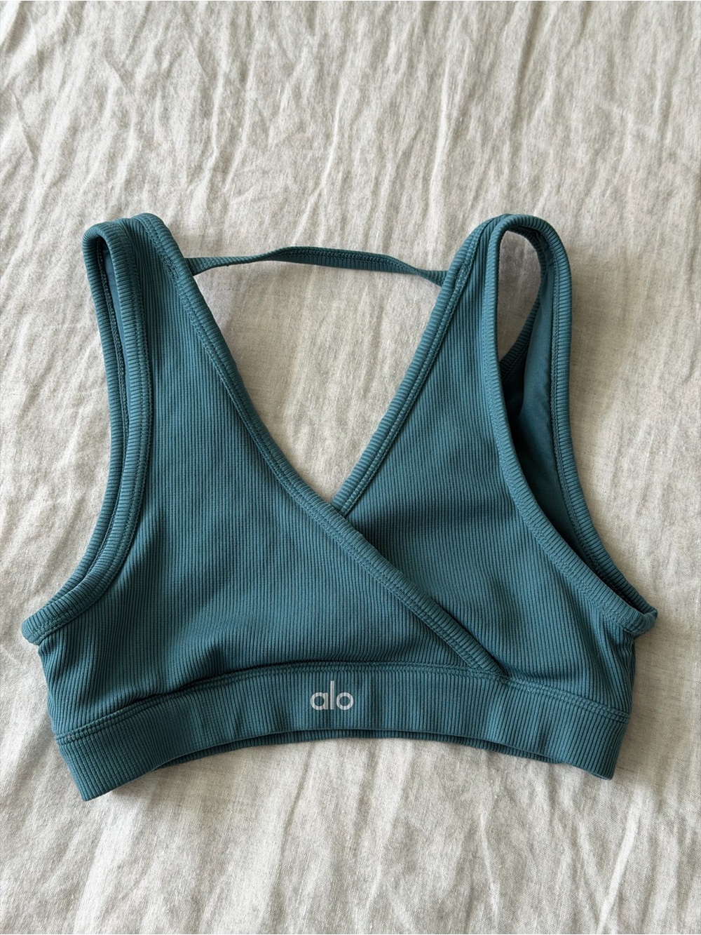 ALO Yoga Ribbed Wrap Sports Bra in Teal Blue-Green